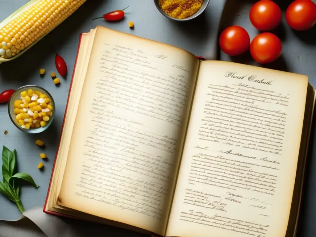 Detalle de libro de cocina vintage de la época dorada de la cocina americana, con notas manuscritas y salpicaduras de ingredientes, mostrando fusión cultural