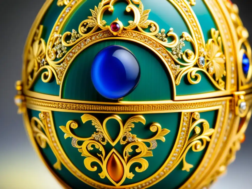 Detalles de huevo Fabergé ruso: lujo zarista Detalle lujoso de un huevo Fabergé ruso zarista, mostrando su diseño ornamental y gemas brillantes