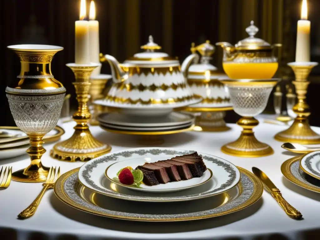 Detalle lujoso de mesa de banquete imperial prusiana con vajilla de plata y platos históricos