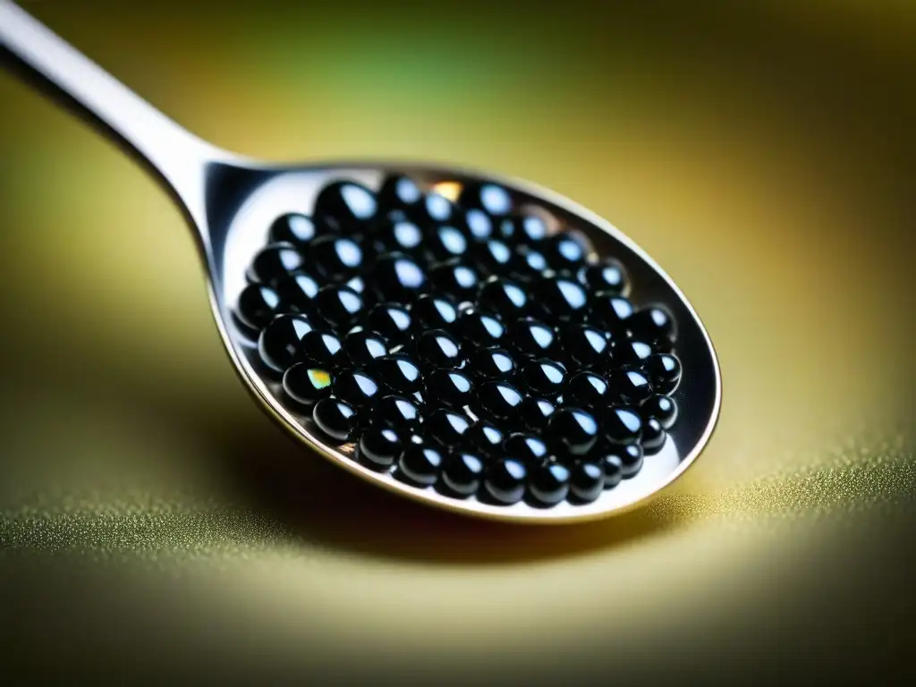 Detalle lujoso: cuchara madreperla con caviar beluga negro, reflejando historia cultural en un ambiente opulento