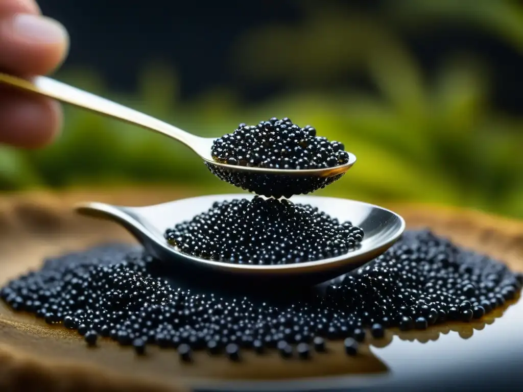 Detalle lujoso: cuchara de plata con caviar negro