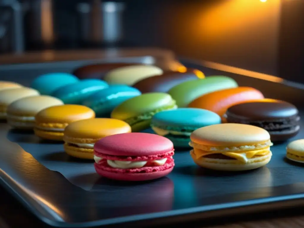 Detalle de macarons coloridos siendo cuidadosamente decorados en una bandeja de horno, mostrando la técnica precisa y los vibrantes colores