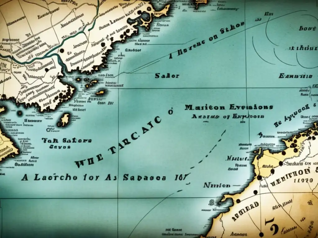 Detalle macro de antiguo mapa marítimo con rutas peligrosas y marcas de escorbuto en expediciones