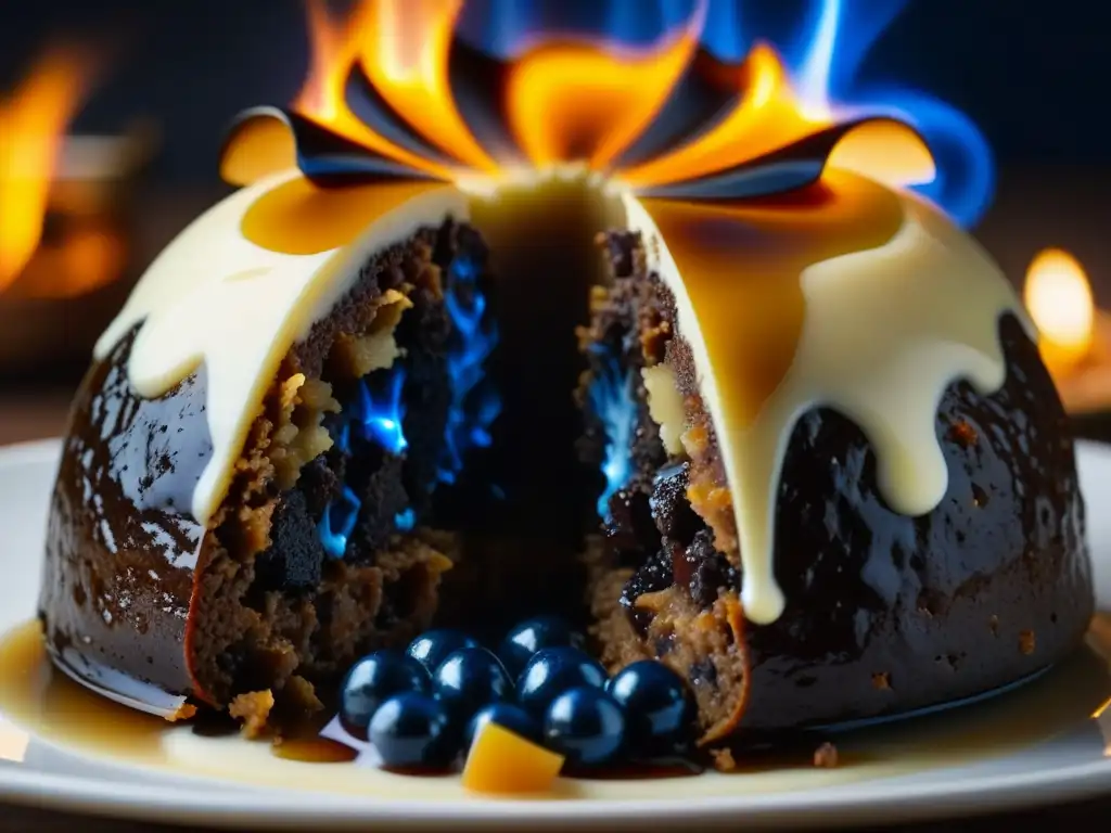 Detalle macro de un clásico pudin navideño británico flambeado con brandy, con llamas azules danzantes sobre el postre oscuro