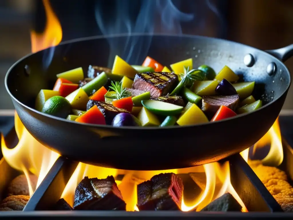 Detalle macro de sartén en cocina antigua con verduras, carne y aceite dorado burbujeante