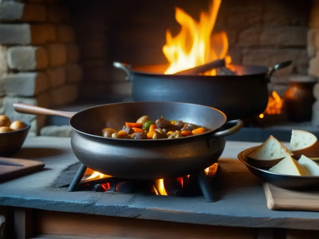 Detalle macro de una cocina europea en la Edad Media: caldero burbujeante sobre fuego abierto, utensilios rústicos y ambiente histórico