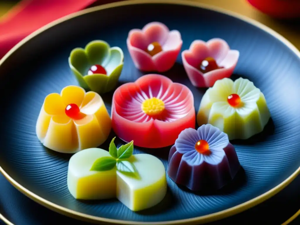 Detalle macro de un exquisito wagashi japonés en la Era Meiji, resaltando su artesanía y significado cultural