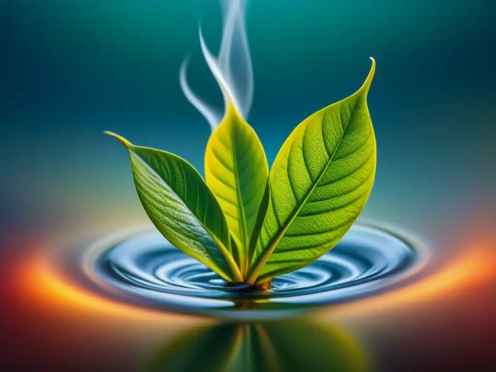 Detalle macro de una hoja de té desplegándose en agua caliente, simbolizando la conexión entre la naturaleza, la salud y la tradición