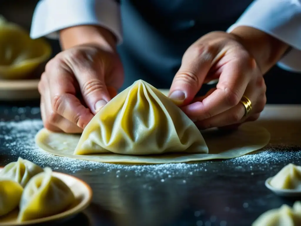 Detalle macro de manos de chef doblando masa de dumpling, destacando la influencia de celebraciones en cocina