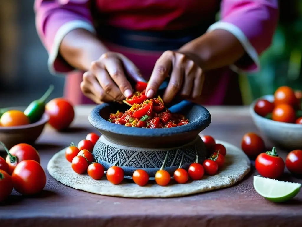 Detalle macro de manos de mujer boliviana preparando salsa llajwa con chiles rojos y tomates jugosos, tradición culinaria vibrante