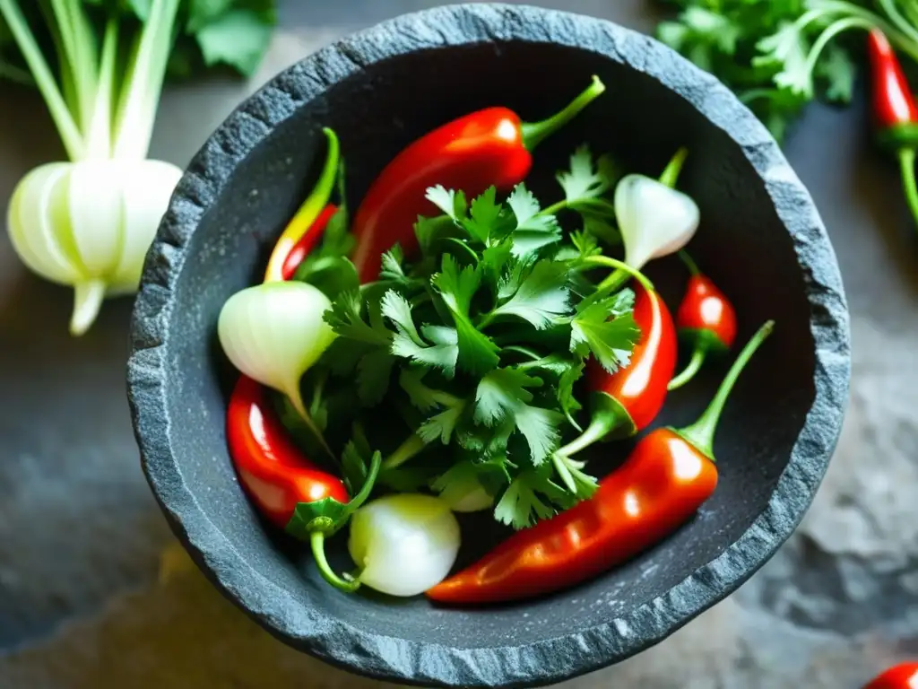 Detalle macro de un molcajete con chiles rojos, cilantro verde y cebollas blancas