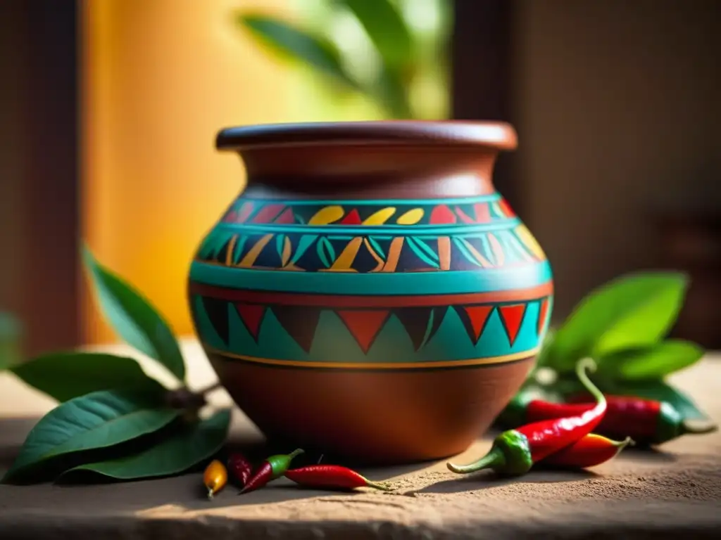 Detalle macro de olla maya con ingredientes vibrantes en luz solar, Bebidas mayas sabores ancestrales