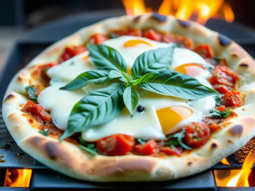 Detalle macro de una pizza napolitana perfectamente cocida en horno de leña