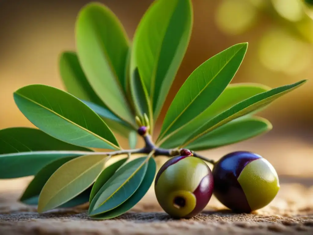 Detalle macro de rama de olivo, texturas y tonos vibrantes de aceitunas resaltan con luz natural, evocando la historia de la Dieta griega antigua