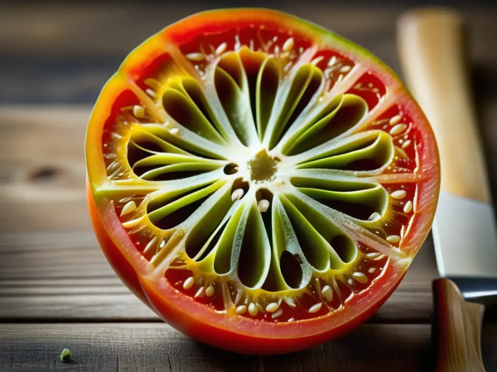 Detalle macro de una rebanada de tomate sobre tabla de cortar, evocando la relevancia histórica en recetas orgánicas