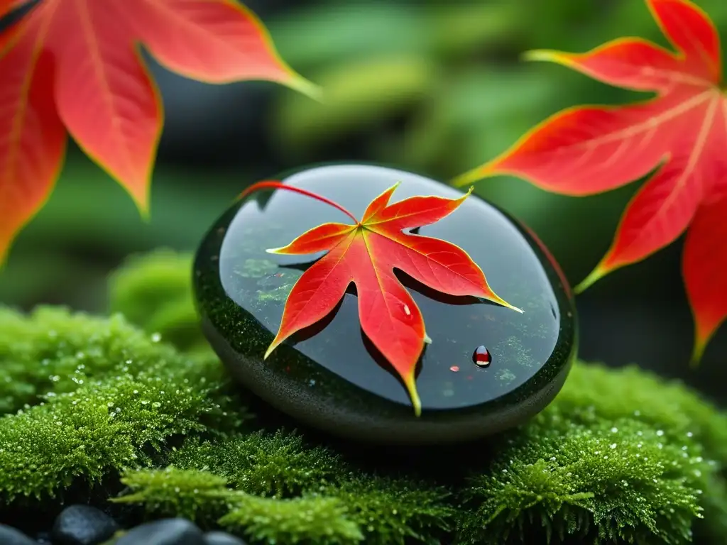 Detalle macro de jardín japonés: rocas, musgo verde y hojas rojas
