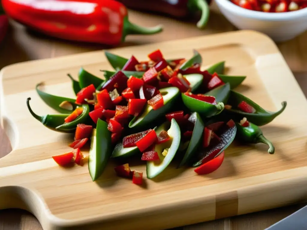 Detalle macro de jalapeños rojos vibrantes siendo picados en tabla de madera, destacando semillas y venas