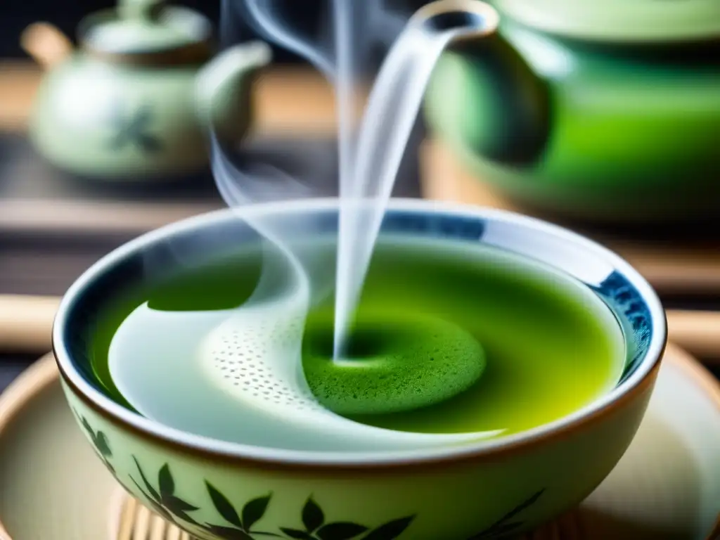 Detalle macro de una taza de té verde humeante con beneficios antioxidantes, en un entorno zen japonés