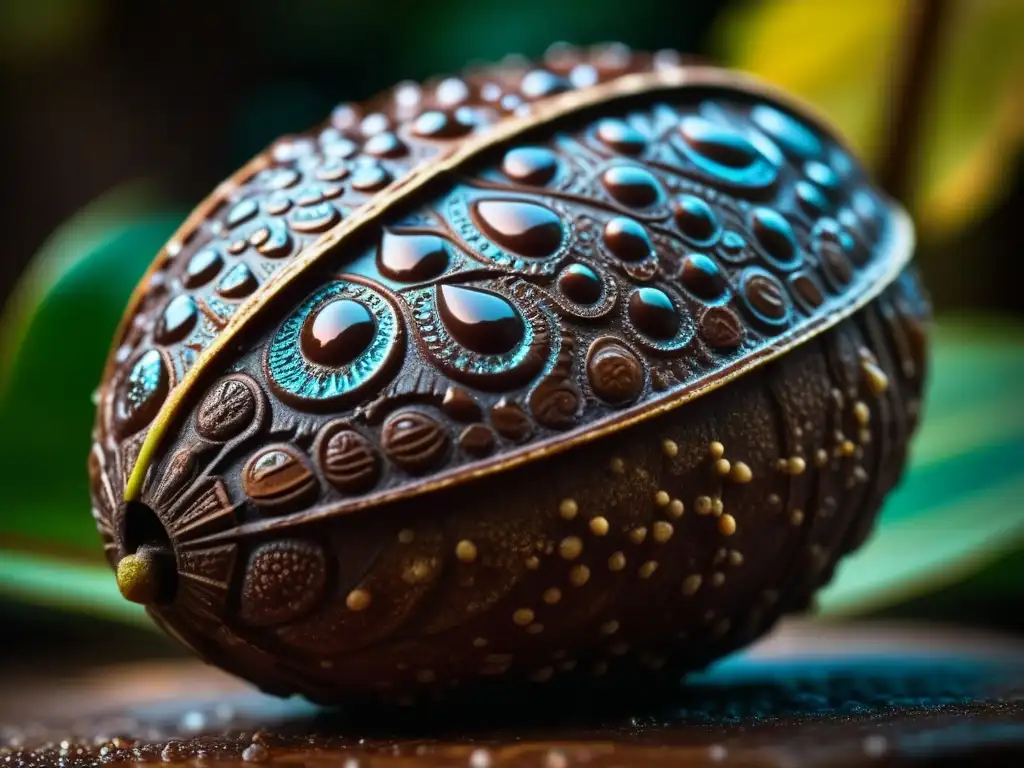 Detalle macro de una vaina de cacao maya, mostrando texturas e colores vibrantes, con gotas de agua