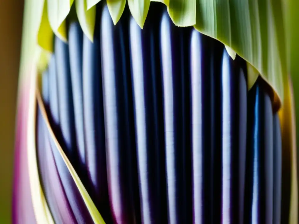 Detalle macro de un vistoso elote morado, resaltando la importancia cultural del maíz morado en el Imperio Inca