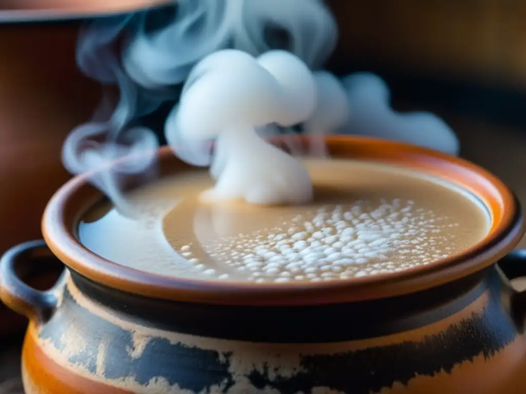 Detalle mágico de un atole humeante en olla de barro