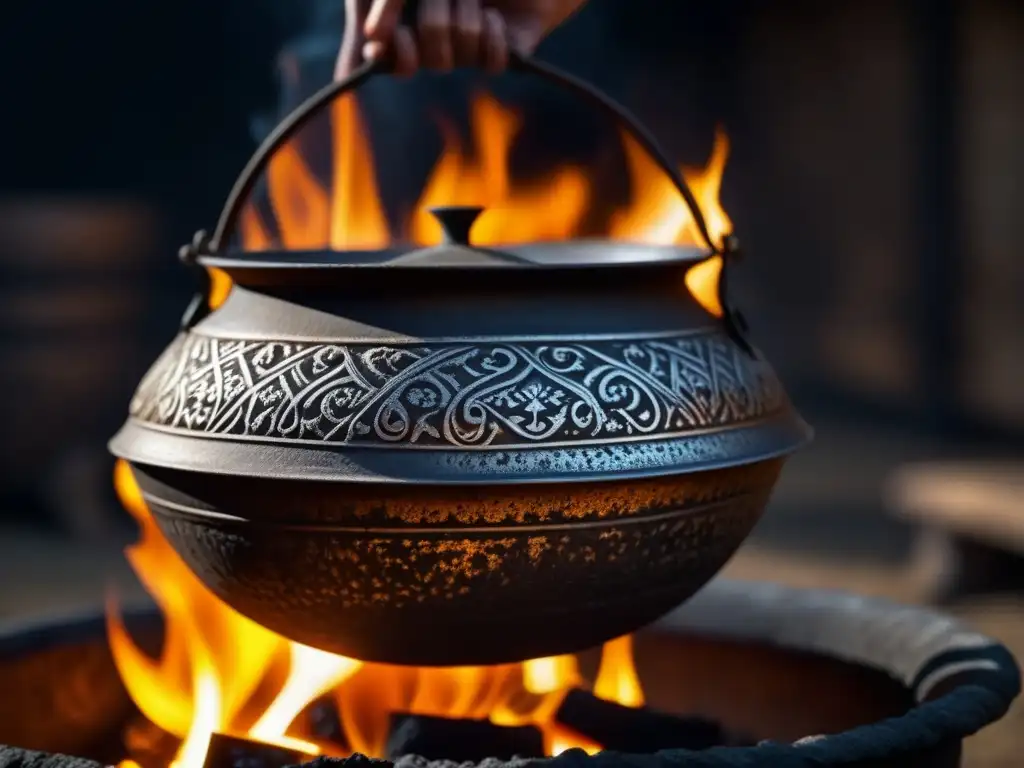 Detalle mágico de una olla de hierro en la antigüedad, entre sombras danzantes y fuego crepitante