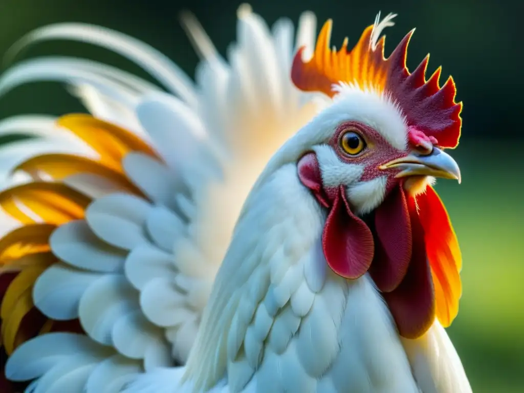 Detalle del majestuoso gallo Leghorn blanco con un vibrante peine rojo, resaltando la importancia histórica de la migración de gallinas en América