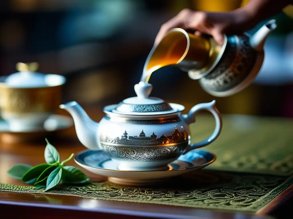 Detalle de una mano birmana sirviendo té en una tetera plateada en un bullicioso salón de té en Myanmar