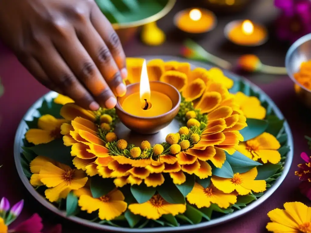 Arte de Diwali: Lámparas, flores y especias vibrantes Detalle de una mano colocando flores, especias y lámparas de arcilla en un thali de Diwali