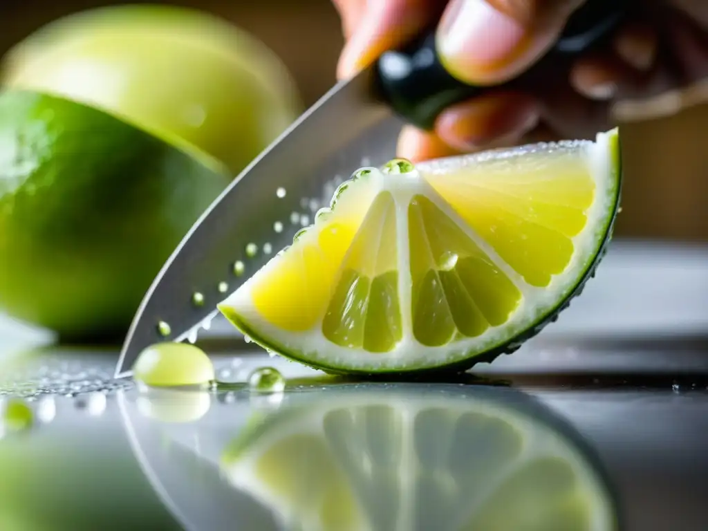 Detalle de mano cortando limones frescos para el secreto Pisco Sour asiático