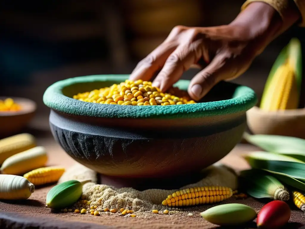 Detalle de mano moliendo maíz en metate, resaltando texturas y colores vibrantes de recetas históricas culturas dieta prehistórica