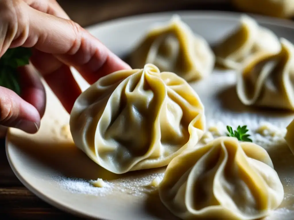 Detalle de mano formando un pelmeni ruso, resaltando la destreza en la cocina