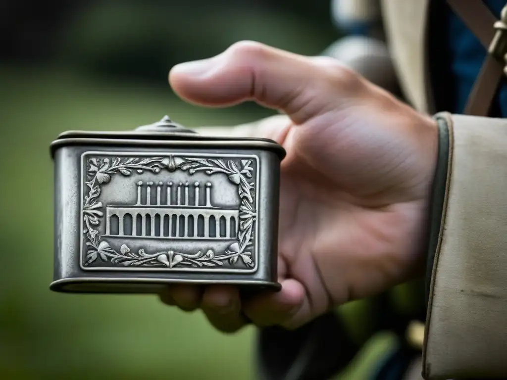 Mano de soldado medieval sostiene lata de ración metálica Detalle de mano de soldado medieval sosteniendo lata de ración, evocando la evolución de raciones militares históricas