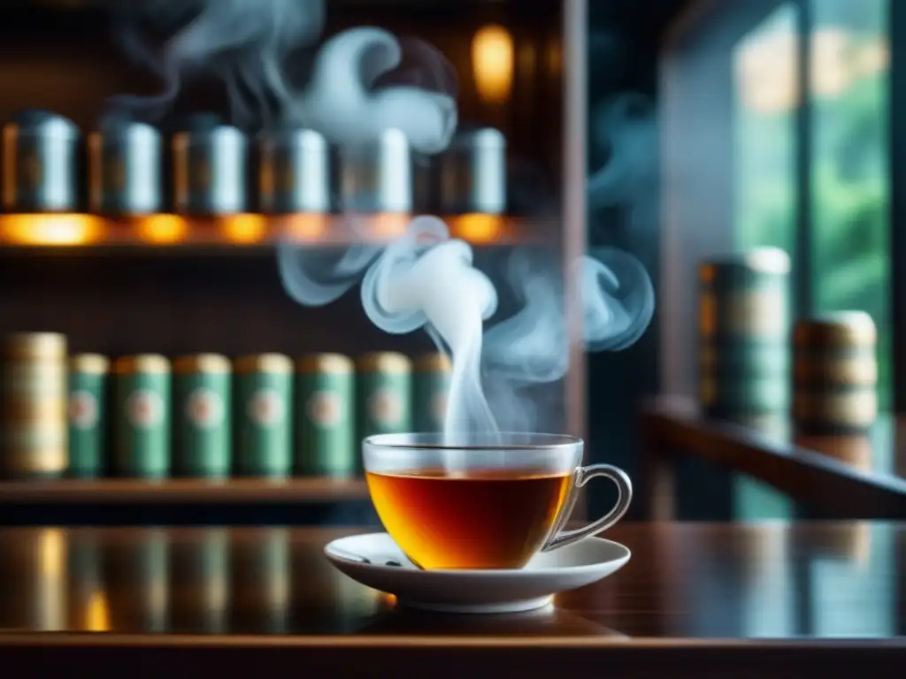 Detalle en taza de té: tradición y modernidad Detalle de una mano sosteniendo una taza de té humeante, con hojas desplegándose en el agua caliente, en una moderna tienda de té