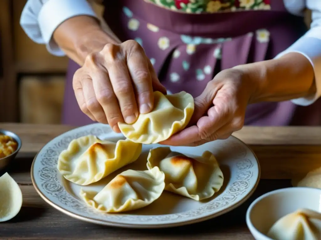 Detalle de manos de anciana polaca haciendo Pierogi, en cocina rústica