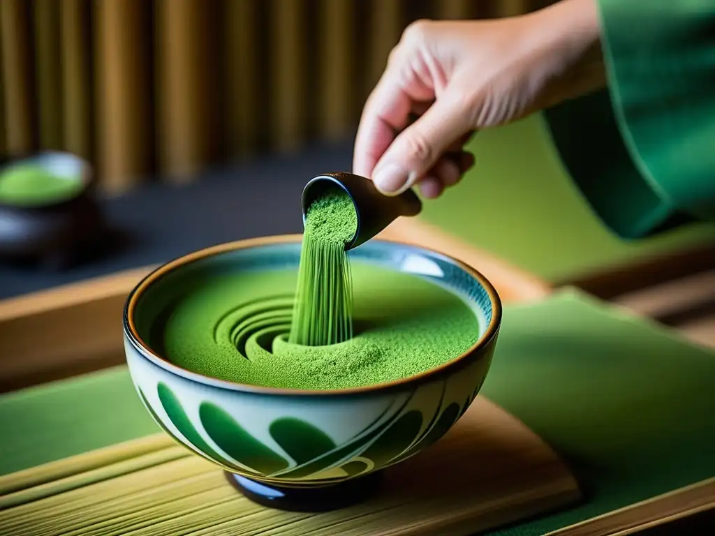 Detalle de las manos en la Ceremonia del Té Japonesa Zen, creando un remolino verde vibrante en un cuenco de cerámica