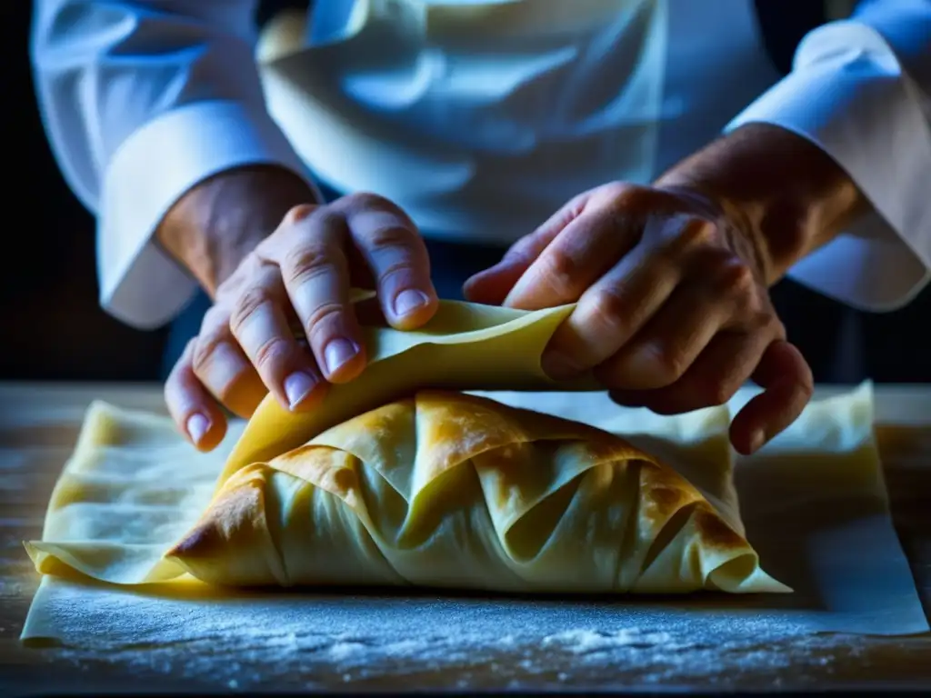 Detalle de manos de chef doblando masa filo, ilustrando la influencia gastronómica en la identidad a través de tradiciones centenarias