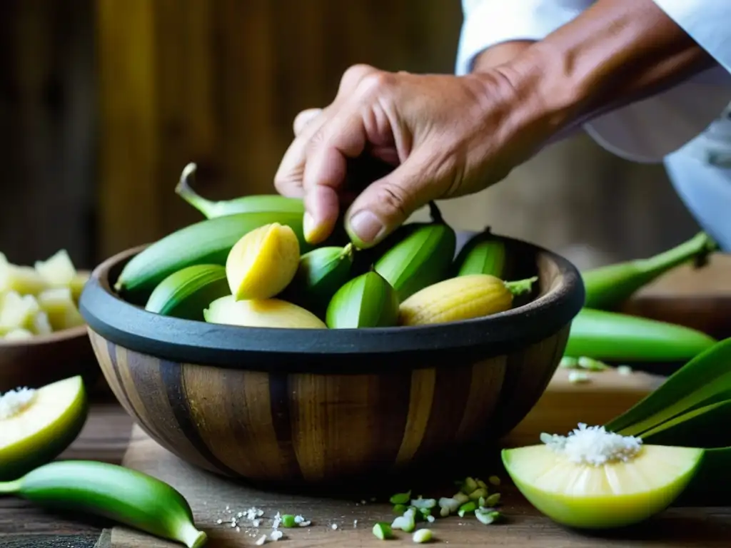 Detalle de manos de chef preparando mofongo en pilón de madera, resaltando la evolución de la receta mofongo