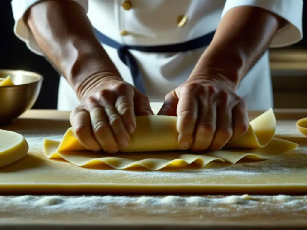 Detalle de manos de chef amasando pasta con destreza, destacando la herencia mediterránea en la cocina sudamericana