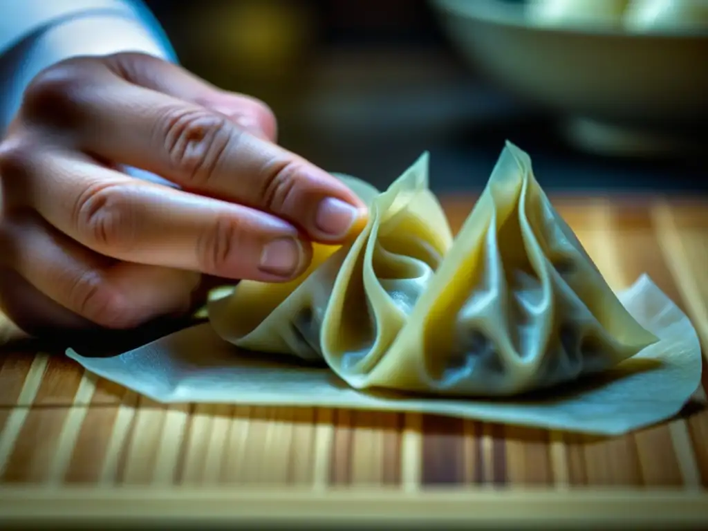 Detalle de manos de chef preparando dumplings, destacando la adopción de técnicas culinarias asiáticas