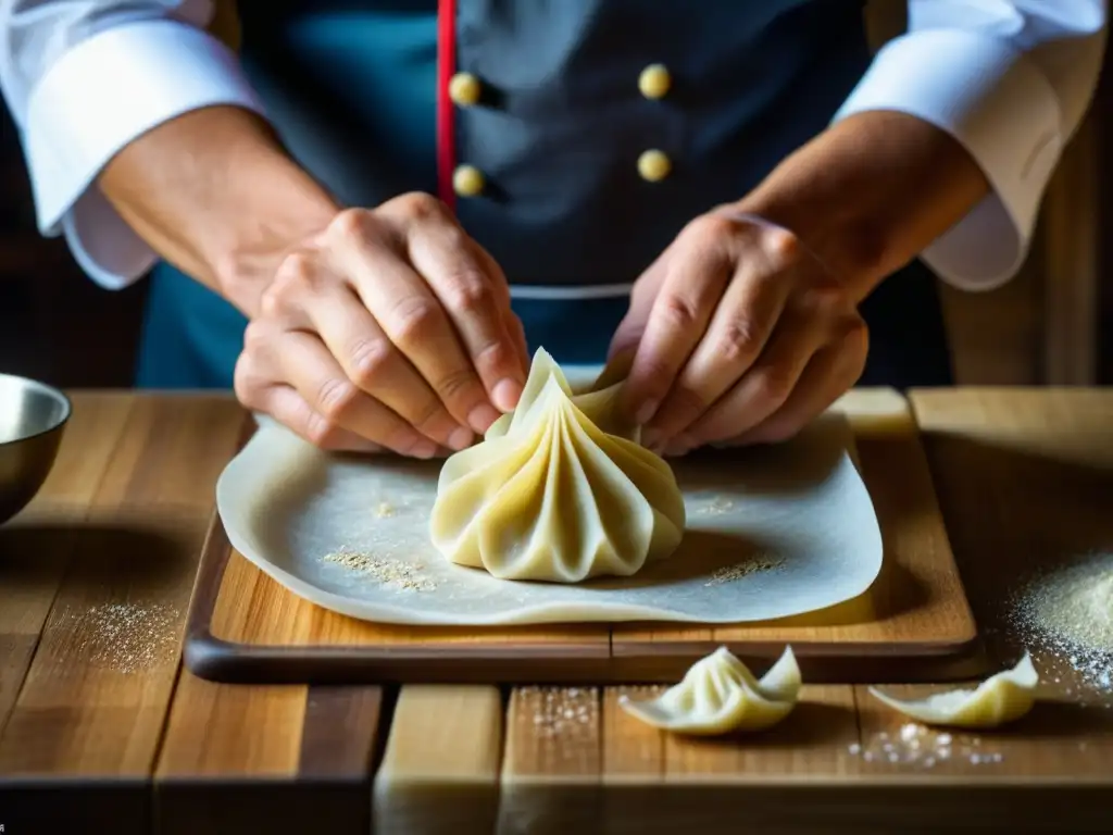 Detalle de manos expertas creando dumplings, con harina y plecados delicados