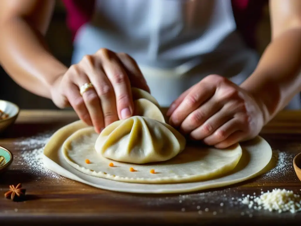 Detalle de manos expertas amasando masa para dumplings en cocina asiática tradicional con utensilios antiguos