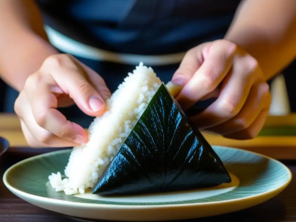 Detalle de manos expertas moldeando un onigiri tradicional, mostrando la historia del onigiri tradicional japonés con precisión artesanal