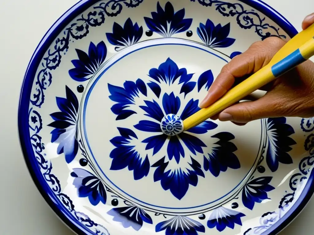 Detalle de manos expertas pintando patrones florales azules en plato de cerámica Talavera, historia cerámica talavera cultura