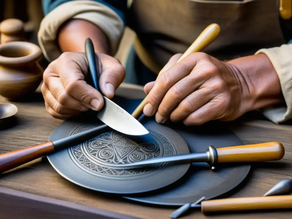 Detalle de manos hábiles recreando réplicas de utensilios históricos con herramientas tradicionales