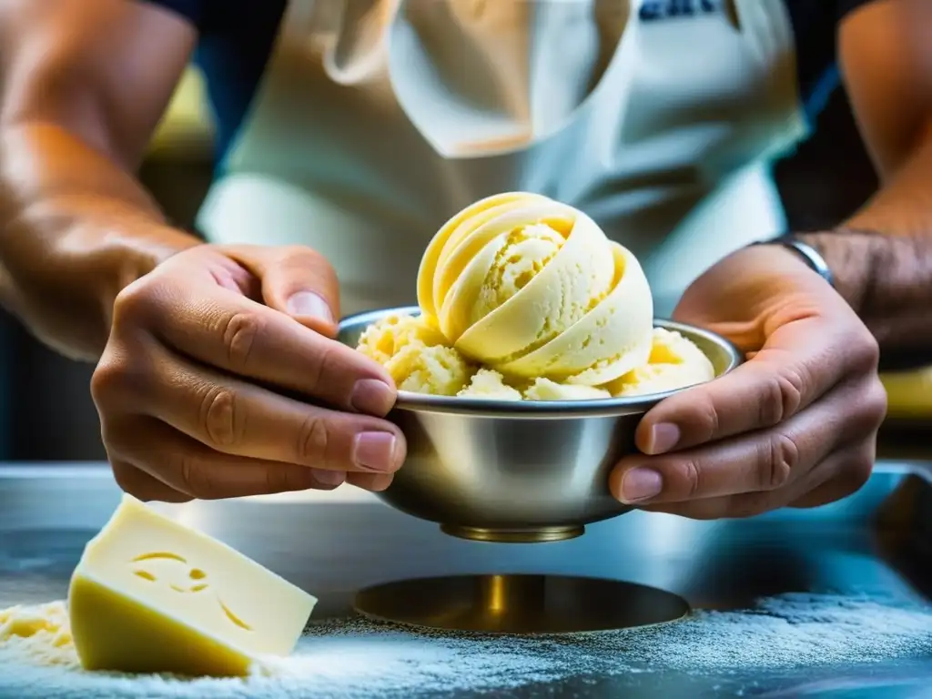 Detalle de las manos de un habilidoso artesano del gelato creando una obra maestra en una gelatería italiana, destacando la artesanía del gelato