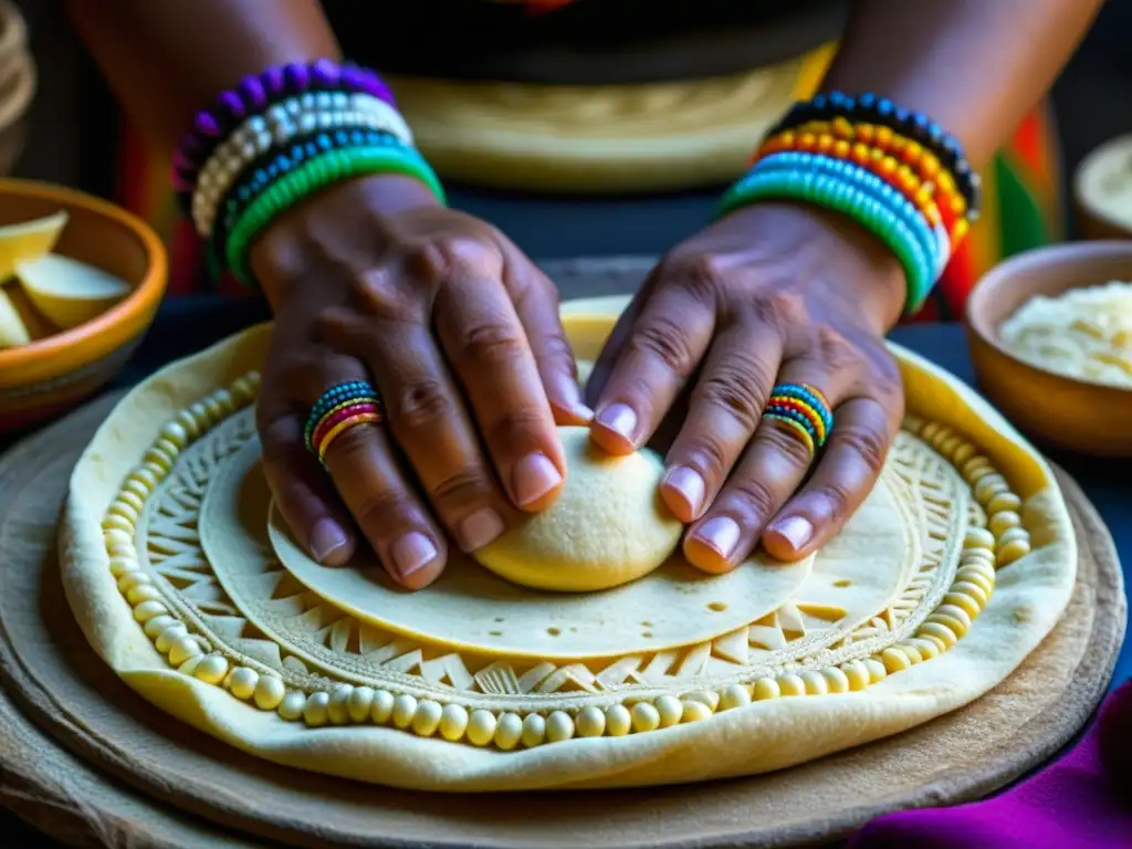 Detalle de manos de mujer azteca moldeando tortilla de maíz, resaltando la importancia cultural en la cocina