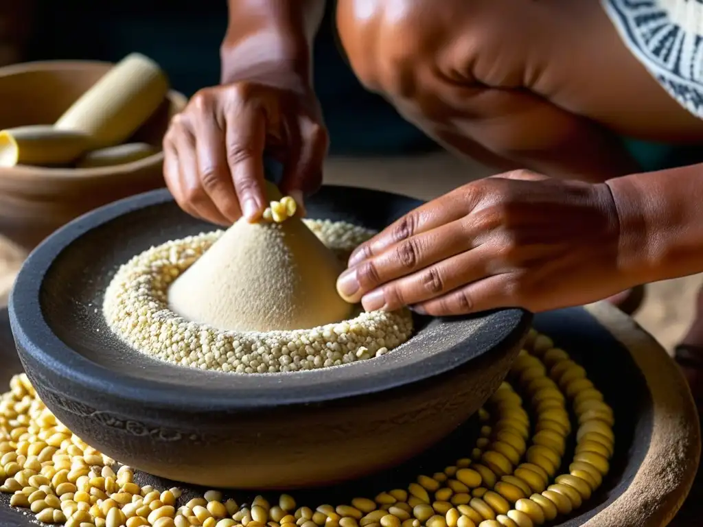 Detalle de manos de mujer maya moliendo maíz en metate tradicional