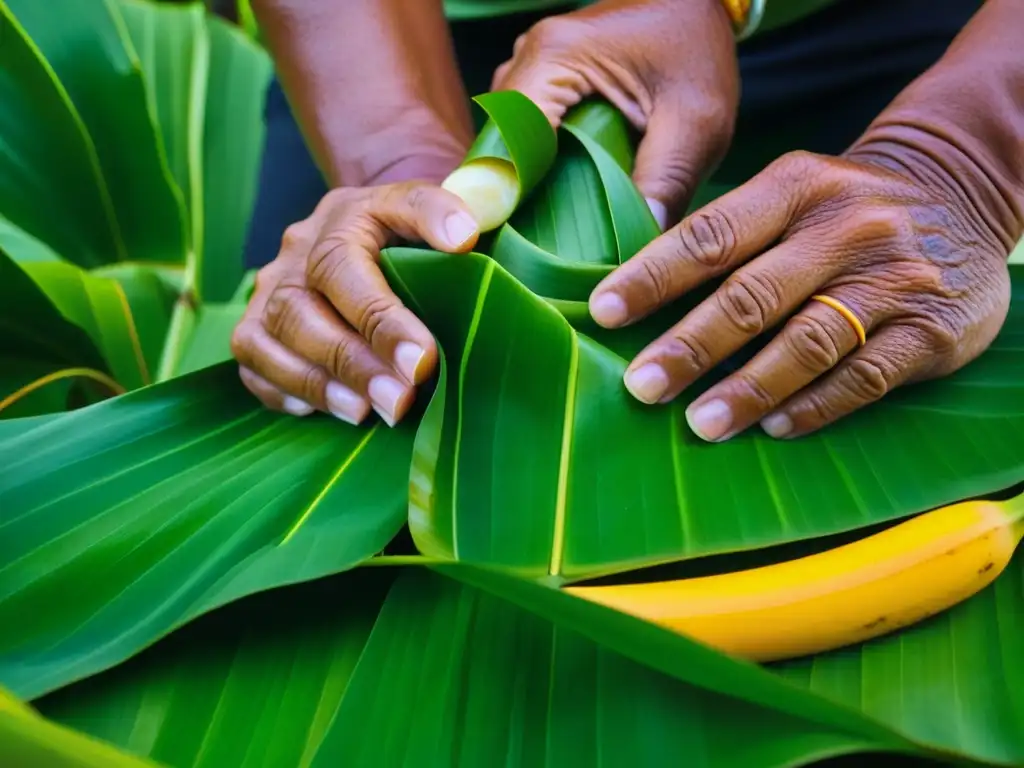 Maestría culinaria: Envoltura tradicional en hojas de plátano Detalle de manos envolviendo plato en hojas de plátano, resaltando la influencia de la religión en la cocina del Pacífico