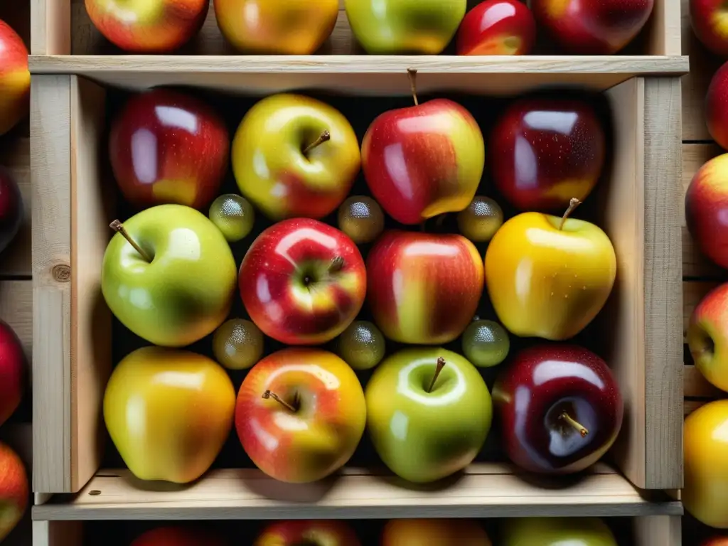 Exquisita variedad de manzanas: detalle y colorido Detalle de manzanas en caja de madera rústica, mostrando diversidad de colores y patrones en la piel